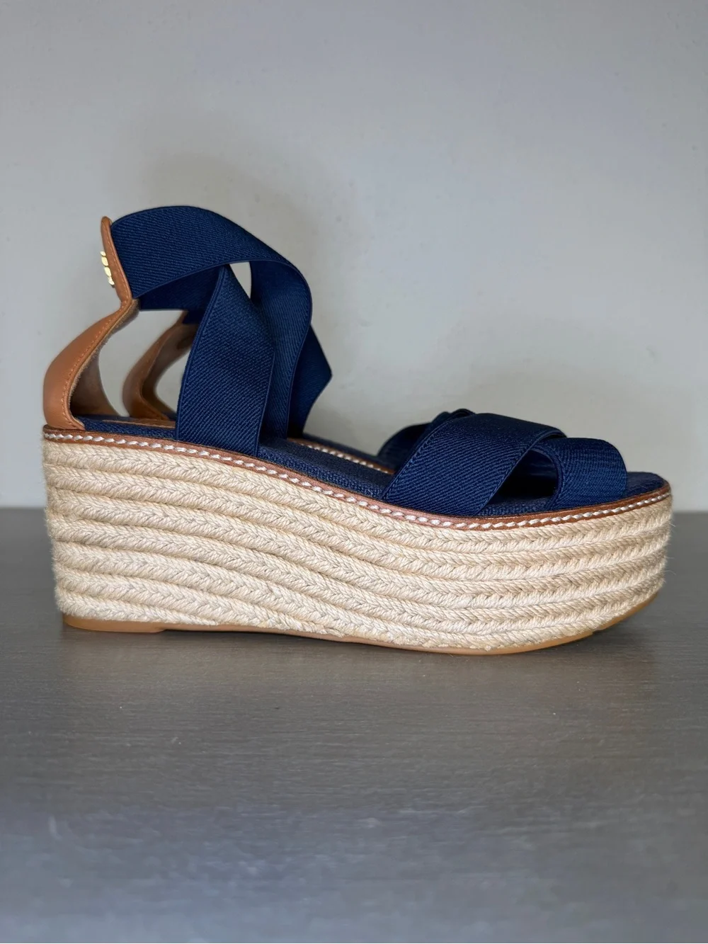 Tory Burch Freida Canvas Leather Blue Platform Espadrille Sandals Women's Sz 8 M